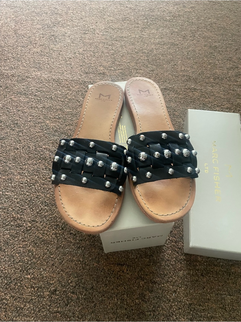 Marc Fisher Black Studded Woven Leather Slide Sandals